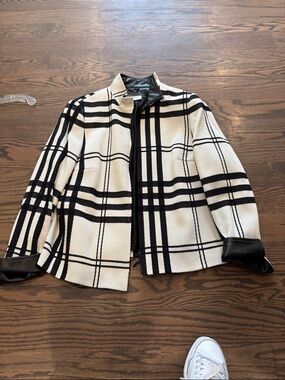 Akris Punto Cream and Black Windowpane Plaid Jacket with Faux Leather Trim